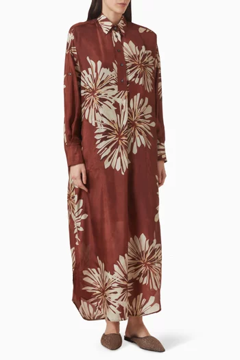 Bloom Print Pongee Maxi Dress in Silk