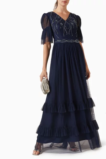 Bead-embellished Belted Dress in Tulle