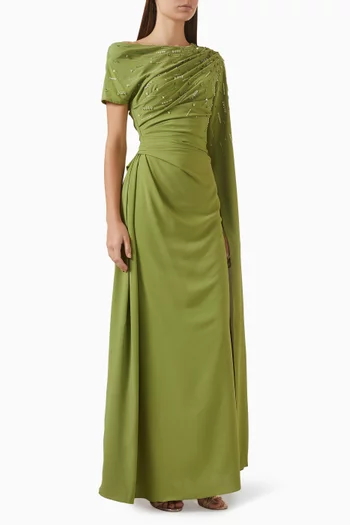 Bead-embellished Gathered Dress in Chiffon