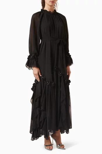 Floral-applique Belted Dress