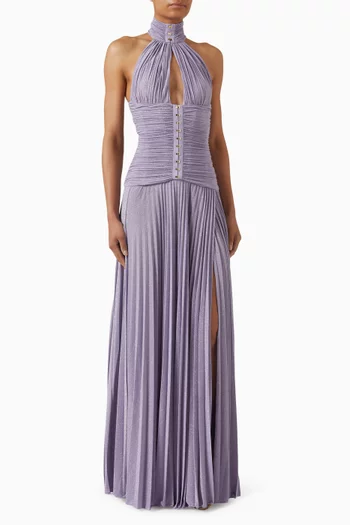 فستان سهرة بفتحة وحمالة حول الرقبة جيرسيه لامع