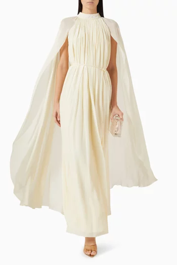 HIGH-NECK PLEATED GOWN WITH AN EMBELLISHED COLLAR AND CAPE SLEEVES PAIRED WITH A TASSEL BELT:Light/Pastel Yellow:L|219162477