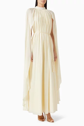 HIGH-NECK PLEATED GOWN WITH AN EMBELLISHED COLLAR AND CAPE SLEEVES PAIRED WITH A TASSEL BELT:Light/Pastel Yellow:L|219162477