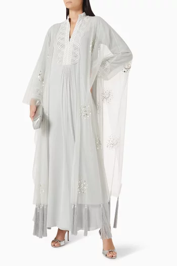 COLLARED KAFTAN WITH SCATTERED MOTIF EMBROIDERY PAIRED WITH TULLE JACKET WITH TASSEL HEMLINE:Light/Pastel Green (New):L|219162521