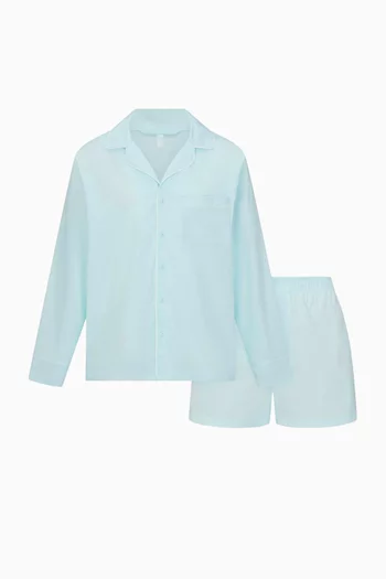 طقم بيجاما شورت وبلوزة بأكمام طويلة قطن بوبلين