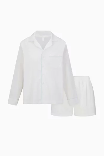 طقم بيجاما شورت وبلوزة بأكمام طويلة قطن بوبلين