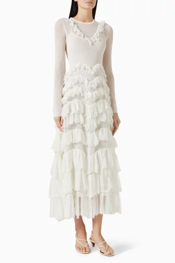 فستان كاليوبي طويل بطبقات متعددة بكشكش