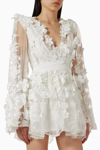 " ISADORA MINI DRESS- PARTIALLY LINED MINI DRESS WITH STITCHED SATIN WAISTBAND,BELL SLEEVES, FULL SKIRT AND SHOULDER ACCENTS":White    :2|219172795