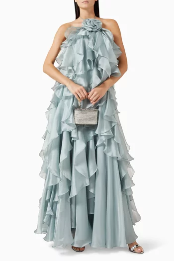 فستان سهرة بتصميم ترابيز بكشكش ورباط حول الرقبة أورجانزا