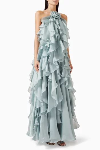 فستان سهرة بتصميم ترابيز بكشكش ورباط حول الرقبة أورجانزا