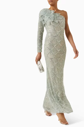 فستان سهرة بقصة مستقيمة مزين بتطريزات زهور بارزة بالترتر