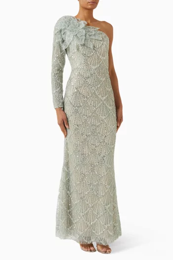 فستان سهرة بقصة مستقيمة مزين بتطريزات زهور بارزة بالترتر