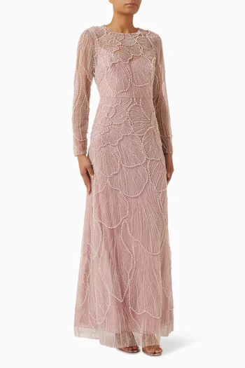 فستان سهرة بقصة على شكل حرف A وتطريزات بالخرز