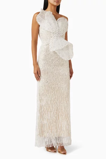 فستان سهرة بعقدة وتطريزات