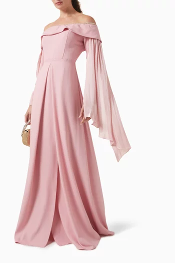 Off-shoulder Gown in Crepe & Chiffon