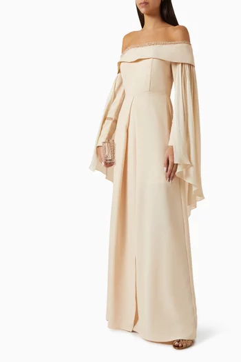 Off-shoulder Gown in Crepe & Chiffon