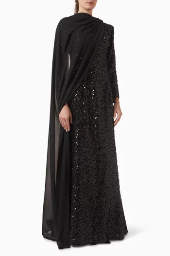 Sequin-embellished Gown in Fringe Jacquard & Chiffon