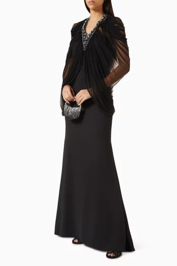 Embellished Drape Dress in Crepe & Mesh