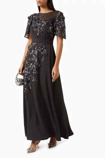 Floral-emboidered Dress in Crepe