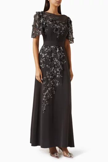 Floral-emboidered Dress in Crepe