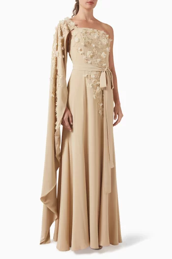 Embellished Belted Gown in Crepe & Tulle