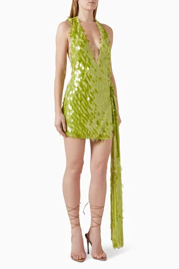 فستان سافاير قصير مزين بتطريزات بالترتر