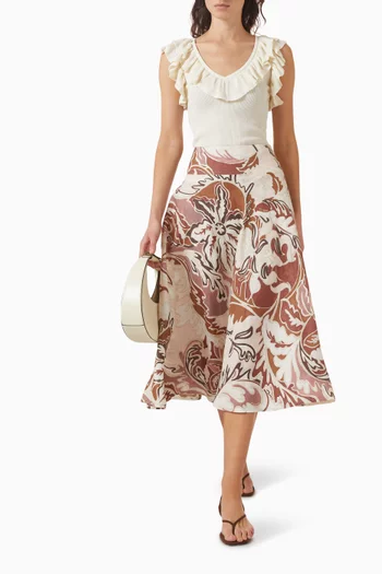 Printed Midi Skirt in Linen