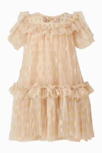 فستان بتطريز أوراق شجر تول