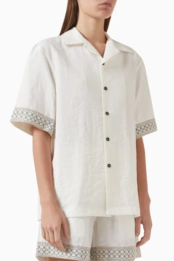 Crochet-trim Bowling Shirt in Linen Blend