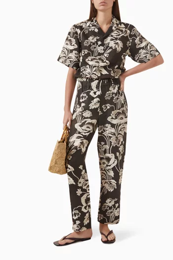 Painted Peonies Bowling Shirt in Linen