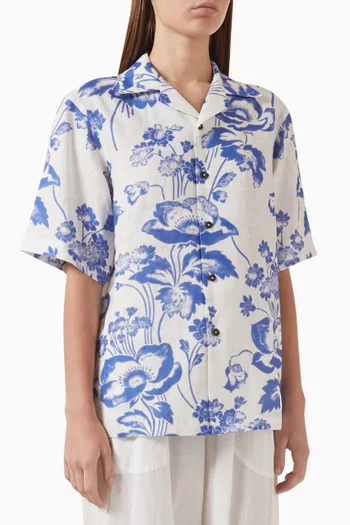 Painted Peonies Bowling Shirt in Linen