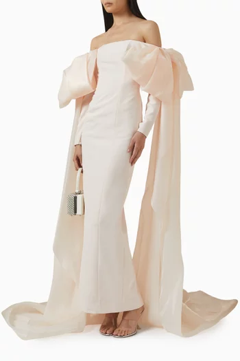 فستان سهرة بأكتاف مكشوفة وأكمام بعقد كريب