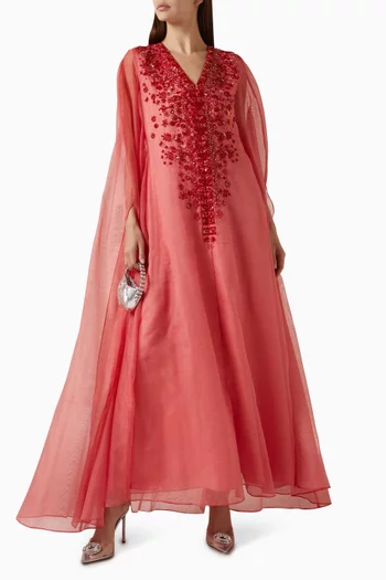 فستان بكاب مزين بتطريزات كتان