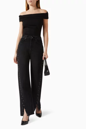 بنطال جينز كاري بقصة ساق فضفاضة ومستقيمة دينم