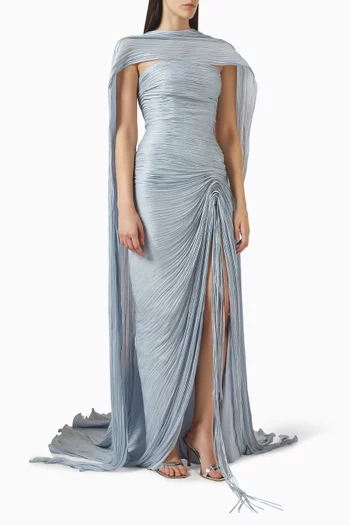 Pleated Cape Slit Gown in Silk