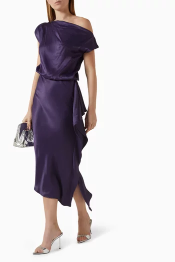 فستان متوسط الطول بأكتاف مكشوفة ستان