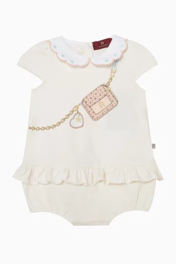 Bag-print Collared Romper in Pima Cotton