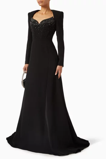 فستان سهرة مطرز بالكريستال مخمل ستان