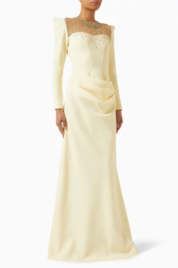 فستان سهرة مزين بتطريزات بالخرز مخمل ستان