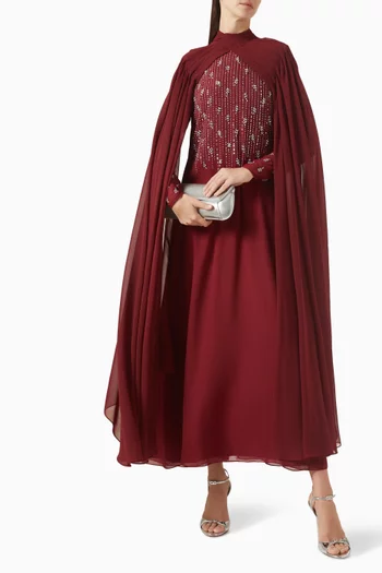 HIGH-NECK GOWN WITH A CRISS-CROSS PLEATED NECKLINE FEATURING CAPE SLEEVES AND SCATTERED EMBELLISHMENTS ON THE BODICE:Red    :S|219244667