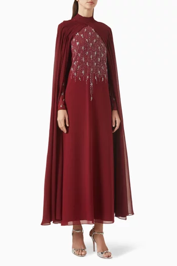 HIGH-NECK GOWN WITH A CRISS-CROSS PLEATED NECKLINE FEATURING CAPE SLEEVES AND SCATTERED EMBELLISHMENTS ON THE BODICE:Red    :S|219244667