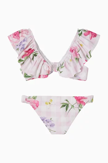 طقم بيكيني بنقشة مربعات غينغهام وزهور