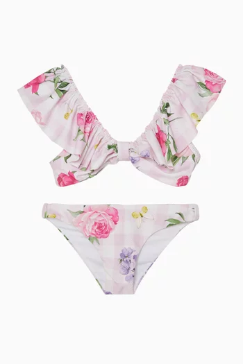 طقم بيكيني بنقشة مربعات غينغهام وزهور