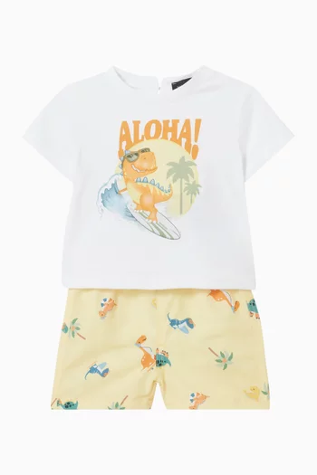 طقم تي شيرت وشورت بنقشة ديناصور يتزلج