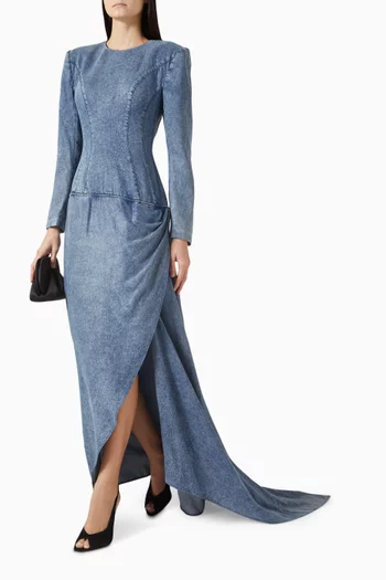 Asymmetric Train Dress in Denim