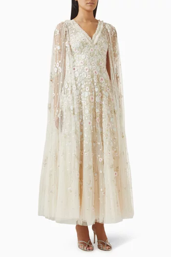 Ethereal Blooms Cape-sleeve Ankle Gown