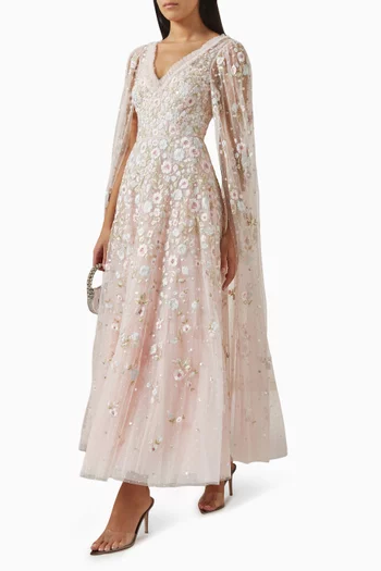 Ethereal Blooms Cape-sleeve Ankle Gown