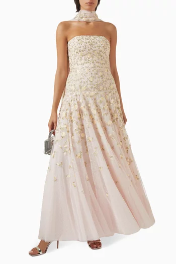 فستان سهرة ليا ديتسي بلا حمالات مزين بكاب ونقشة زهور