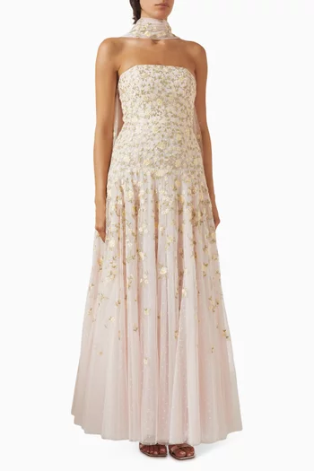 فستان سهرة ليا ديتسي بلا حمالات مزين بكاب ونقشة زهور