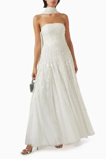 فستان سهرة ليا ديتسي بلا حمالات مزين بكاب ونقشة زهور